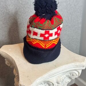 Vintage Knit Ski Hat Winter Beanie Cap Pom Pom‎ Red White Green